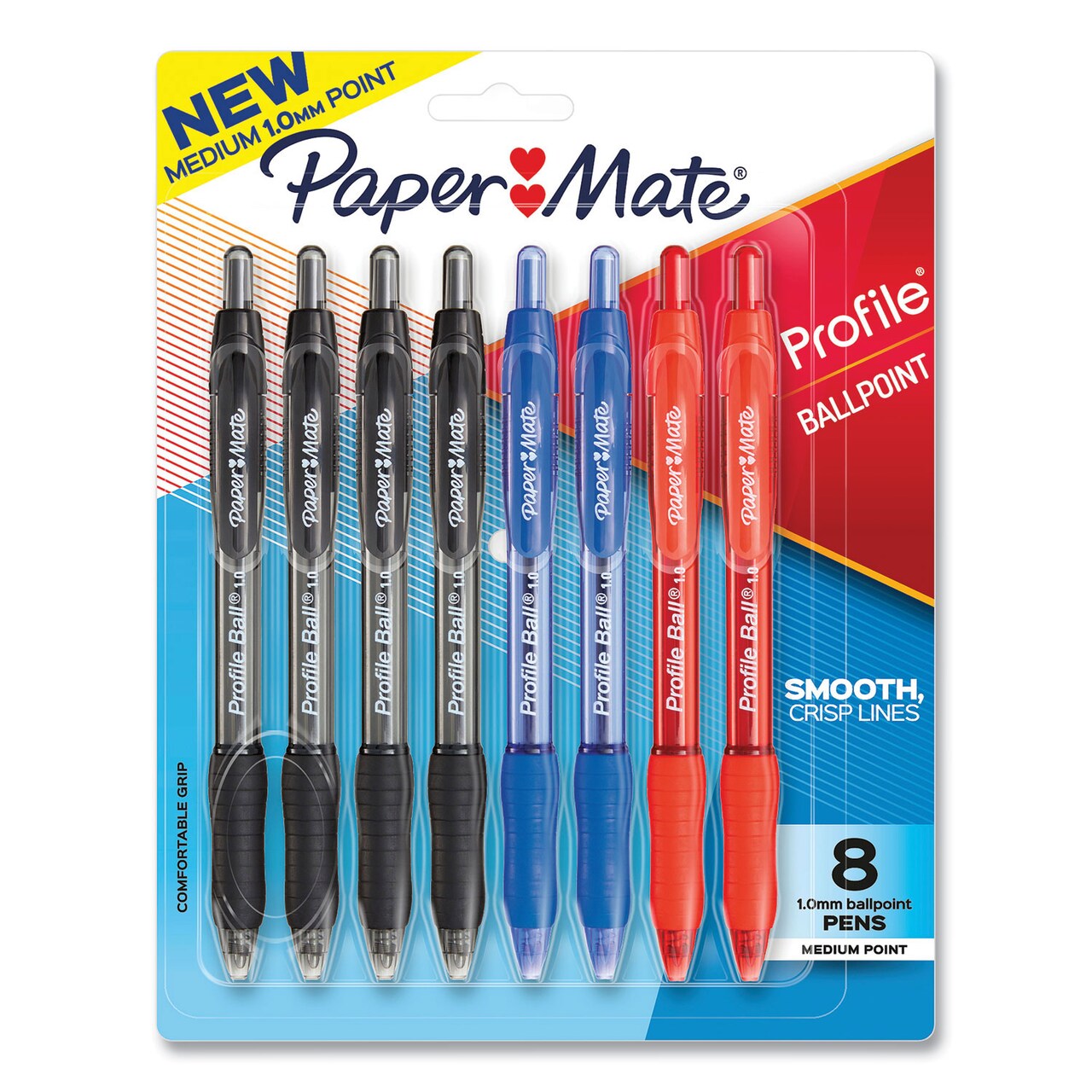 Papermate Profile Ballpoint Pen, Retractable, Medium 1 mm, Assorted Ink and Barrel Colors, 8/Pack